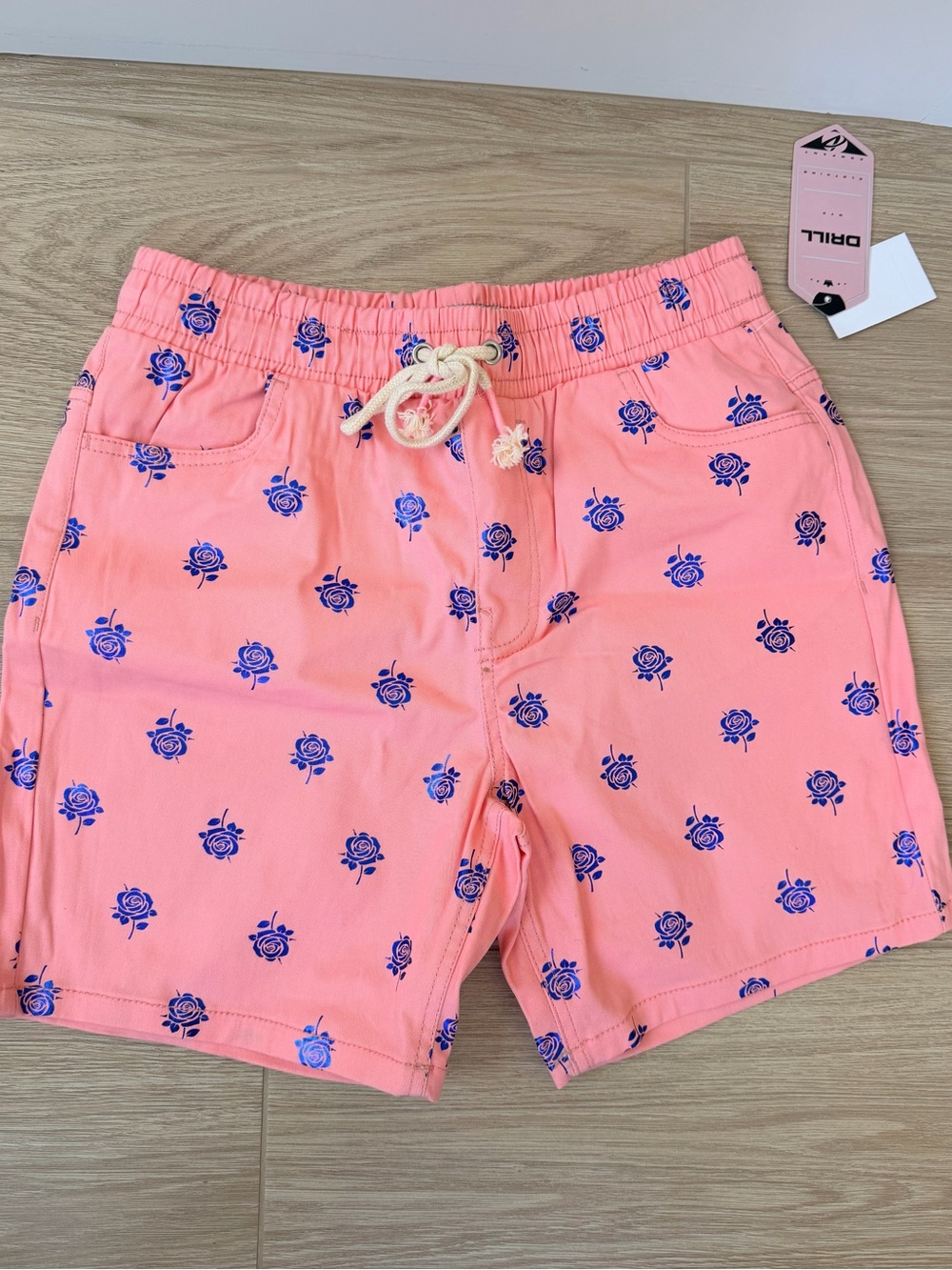 Drill Clothing Pink Mens Shorts with Blue Roses